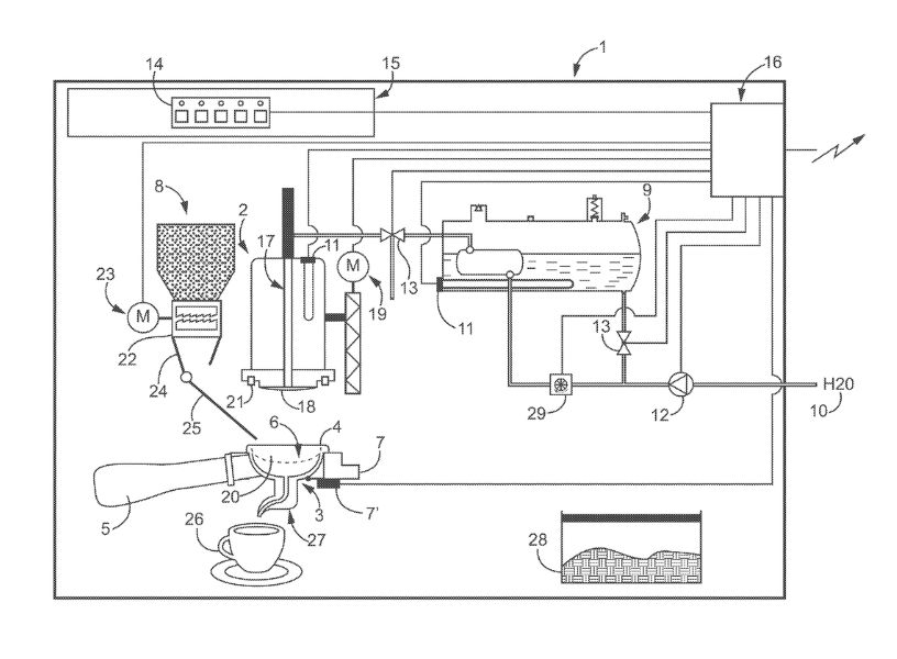 US Patent US9578986B2 schematics for Super-automatic coffee maker/espresso machine utilizing multiple solenoid valves