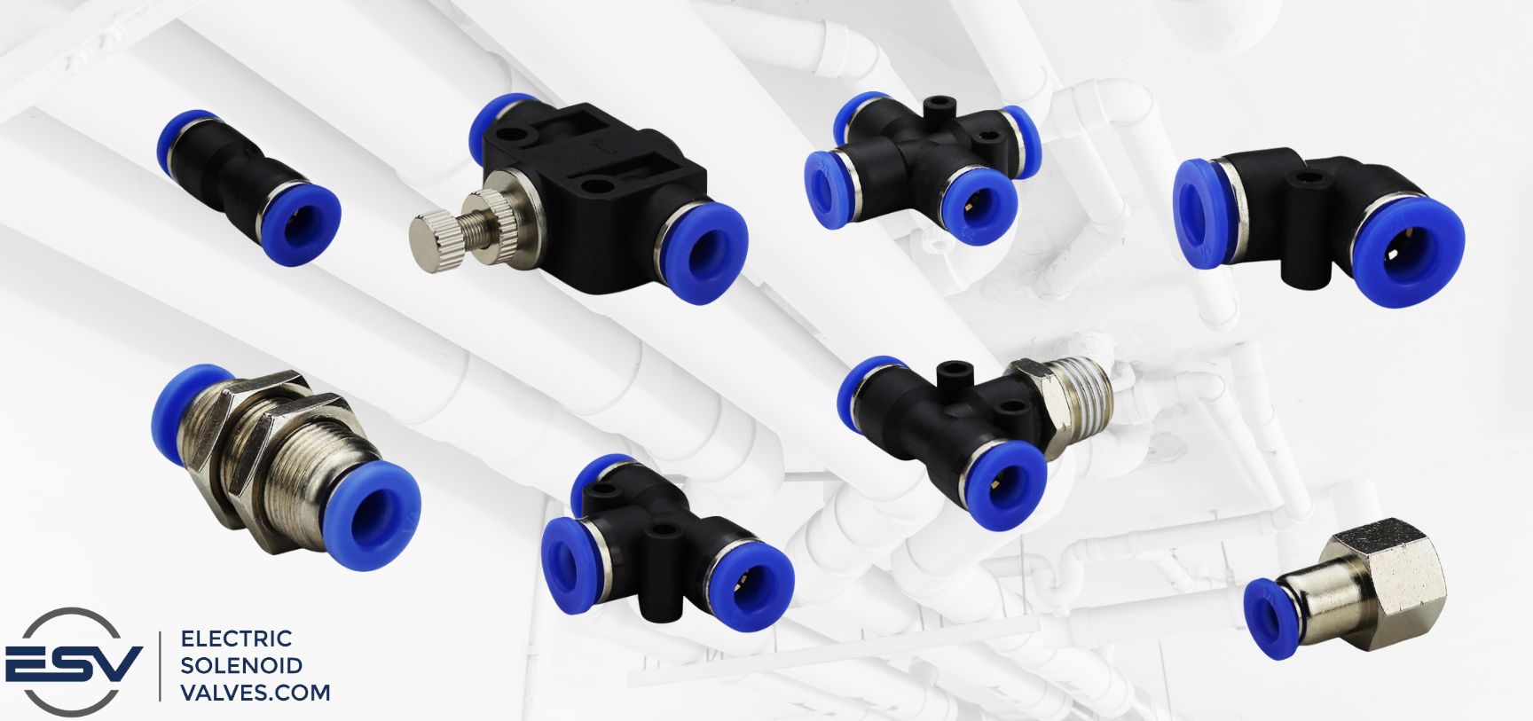 Push connect fittings for air control of systems with pneumatic solenoid valves