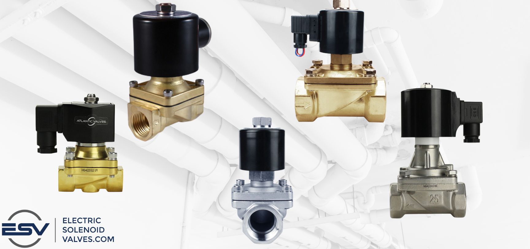 Assortment of different types of solenoid valves including brass, stainless steel, low pressure gas, and high temperature solenoid valves.