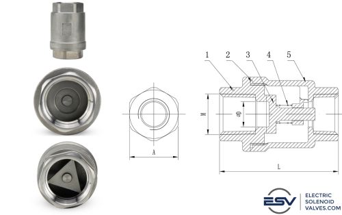 Images of a vertical spring check valve along with a detailed diagram of the construction.